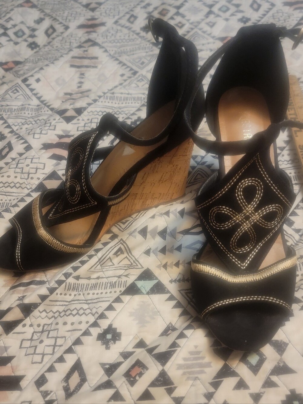 Restricted Black Wedge Sandals with Gold Stitching